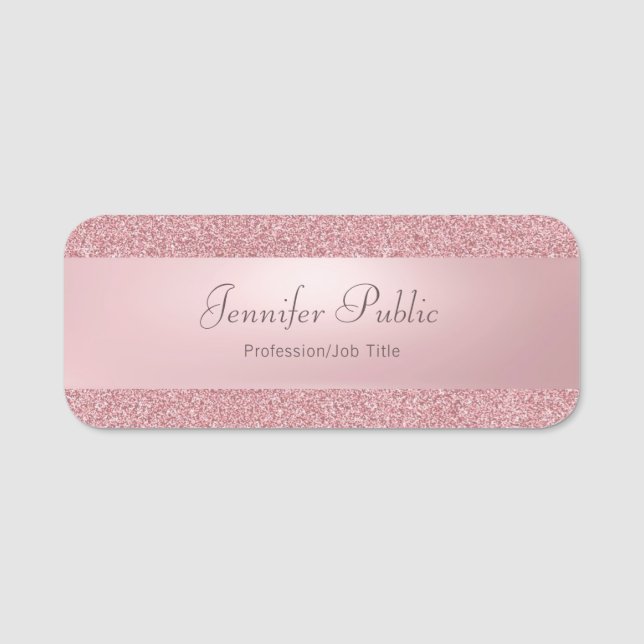 Elegant Rose Gold Glitter Handwritten Script Name Tag (Front)