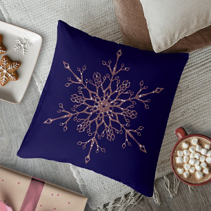 Elegant Rose Gold Glitter Holiday Snowflake Navy Cushion