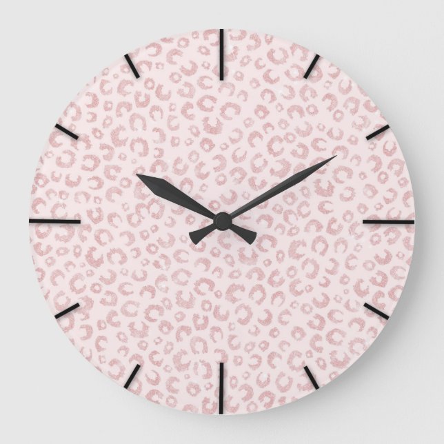 Elegant Rose Gold Glitter Leopard Pattern Large Clock (Front)
