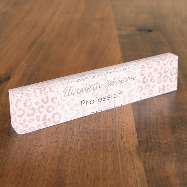 Elegant Rose Gold Glitter Leopard Pattern Nameplate (Side)