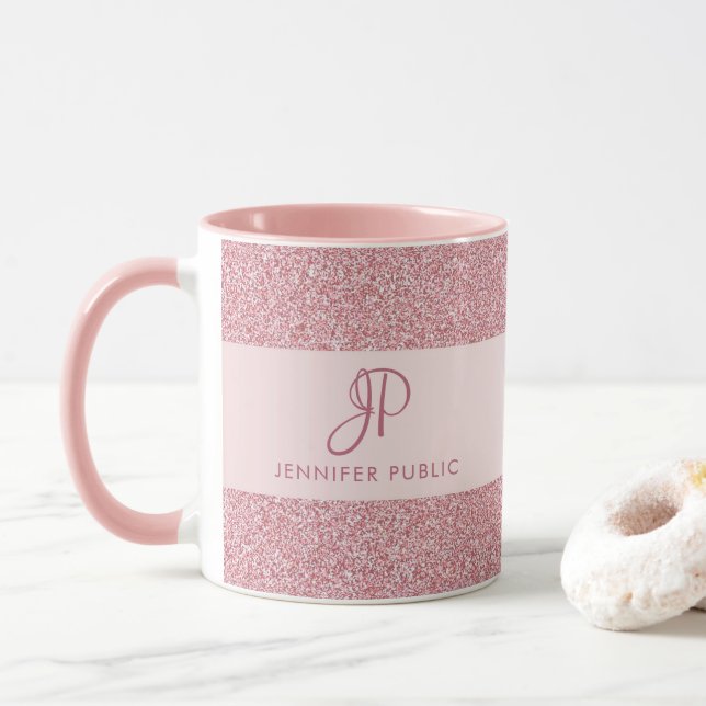 Elegant Rose Gold Glitter Look Monogrammed Mug (With Donut)