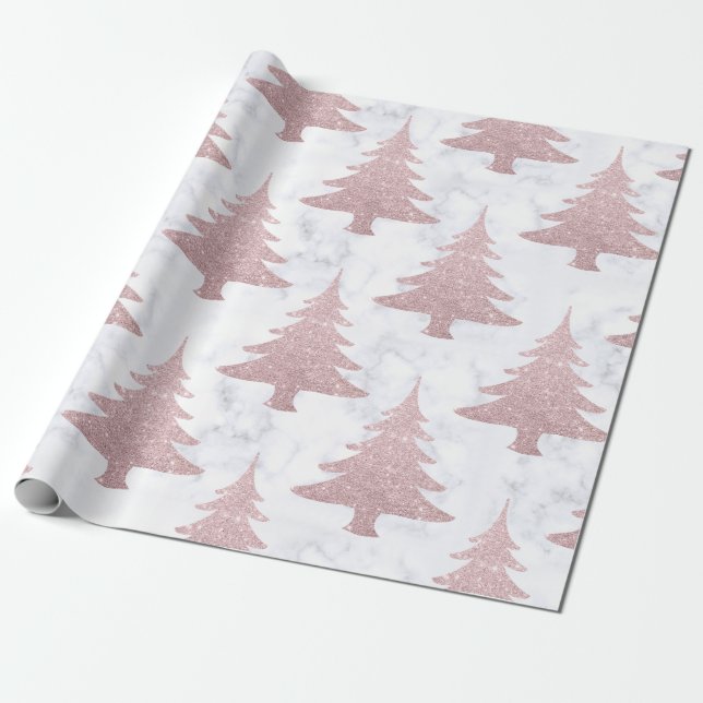 Elegant Rose Gold Glitter &  Marble Christmas Tree Wrapping Paper (Unrolled)