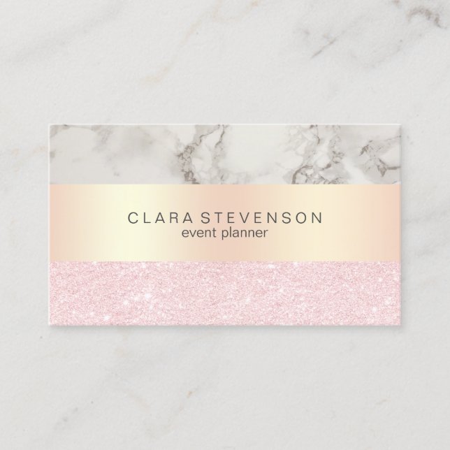 Elegant rose gold glitter & marble event planner business card (Front)