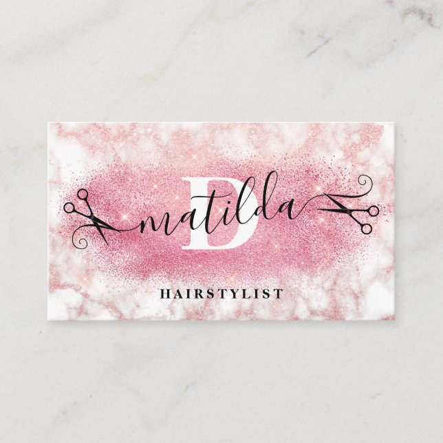 Elegant rose gold glitter marble hairstylist business card (Front)
