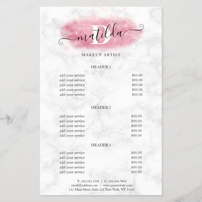 Elegant rose gold glitter marble makeup artist flyer (Front)