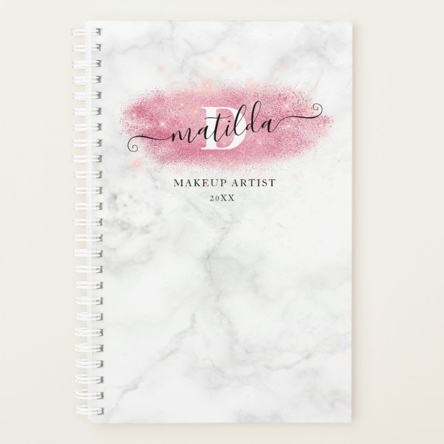 Elegant rose gold glitter marble makeup artist planner (Front)
