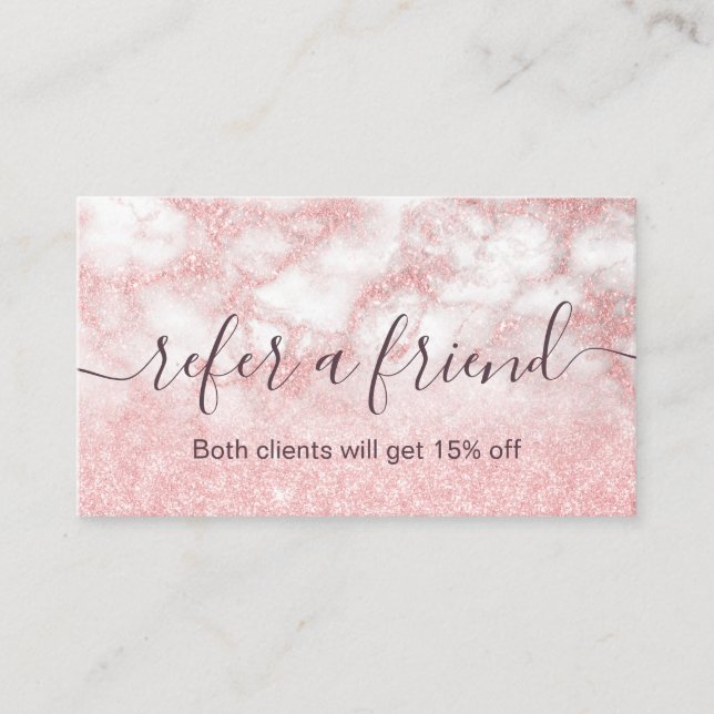 Elegant rose gold glitter marble makeup artist referral card (Front)