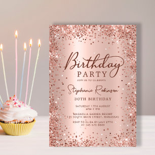 Elegant Rose Gold Glitter Metal 30th Birthday Invitation