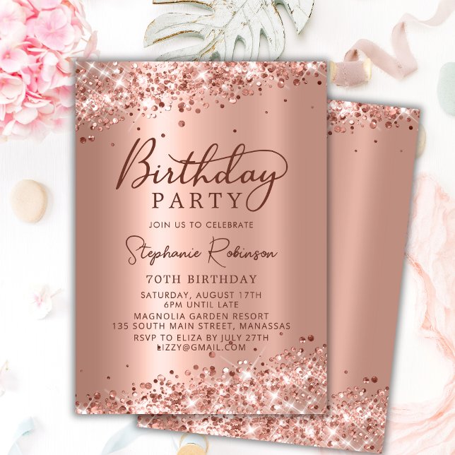 Elegant Rose Gold Glitter Metal Foil 70th Birthday Invitation (Creator Uploaded)