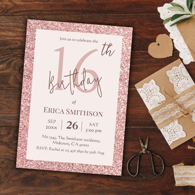 Elegant Rose Gold Glitter modern 16th Birthday  Invitation (Creator Uploaded)