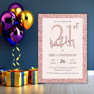 Elegant Rose Gold Glitter modern 21st Birthday  In Invitation