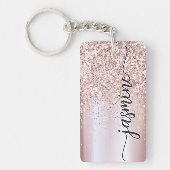 Elegant Rose Gold Glitter Monogram Name Script  Ke Key Ring (Front)