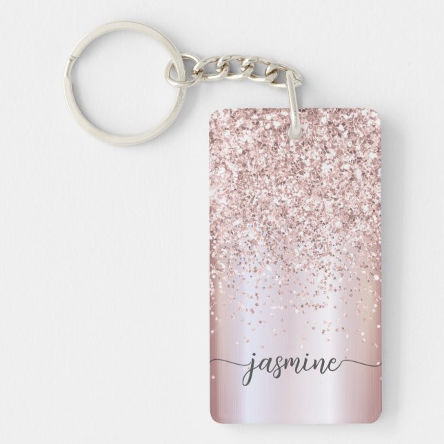 Elegant Rose Gold Glitter Monogram Name Script  Key Ring (Front)