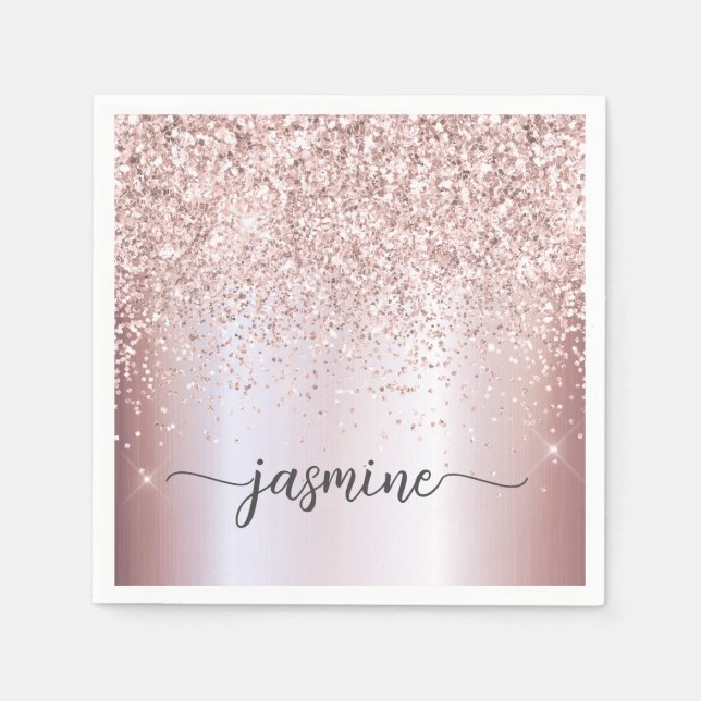Elegant Rose Gold Glitter Monogram Name Script Napkin (Front)