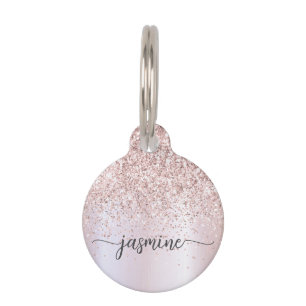 Elegant Rose Gold Glitter Monogram Name Script Pet Tag