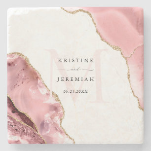 Elegant Rose Gold Glitter Monogram Newlywed Stone  Stone Coaster