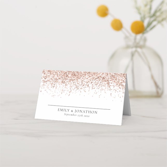 Elegant Rose Gold Glitter Names Date Wedding Place Card (Front)