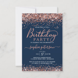 Elegant Rose Gold Glitter Navy Any Age Birthday Invitation