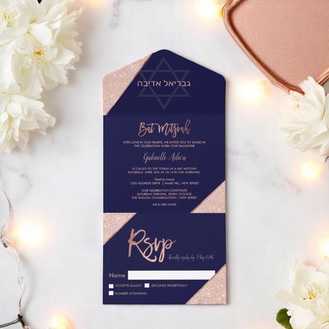 Elegant Rose gold glitter navy blue Bat Mitzvah All In One Invitation (Elegant Rose gold glitter navy blue Bat Mitzvah All In One Invitation)