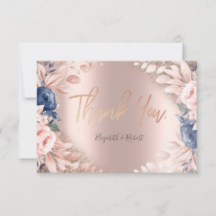 Elegant Rose Gold Glitter Ombre Blue Flower Thank You Card