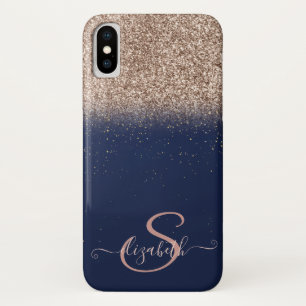 Elegant Rose Gold Glitter Ombre,Navy Blue Monogram iPhone X Case