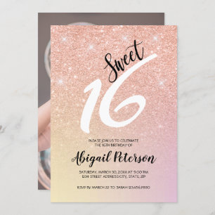 Elegant rose gold glitter ombre sweet sixteen invitation