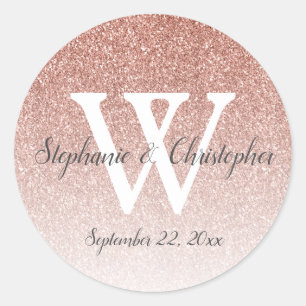 Elegant Rose Gold Glitter Ombre Wedding Monogram Classic Round Sticker