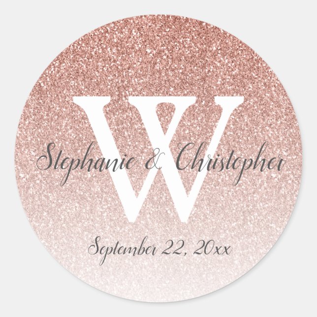 Elegant Rose Gold Glitter Ombre Wedding Monogram Classic Round Sticker (Front)