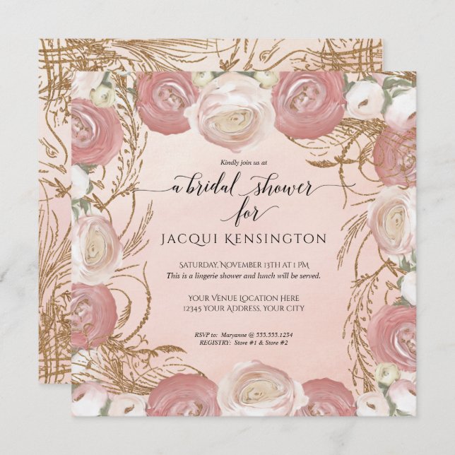 Elegant Rose Gold Glitter Painted Floral Bridal Invitation (Front/Back)