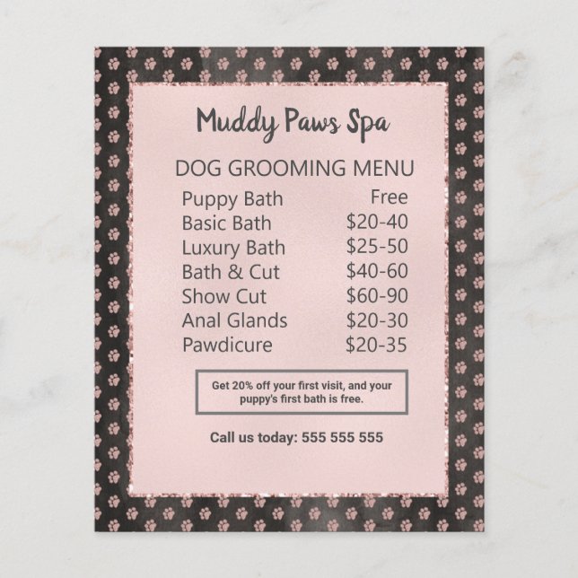 Elegant Rose Gold Glitter Paws Dog Grooming Menu (Front)