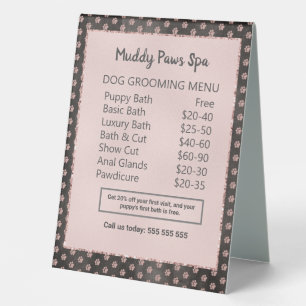 Elegant Rose Gold Glitter Paws Dog Grooming Menu