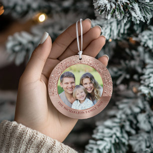 Elegant Rose Gold Glitter Photo Metallic Ceramic Ornament
