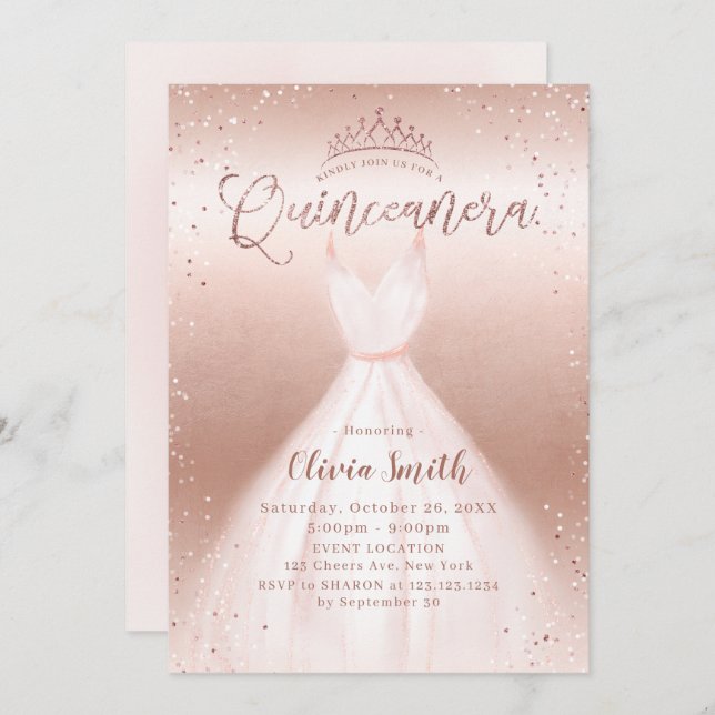 Elegant rose gold glitter pink dress quinceañera invitation (Front/Back)