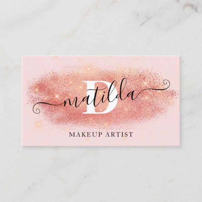 Elegant rose gold glitter pink makeup artist business card (Front)