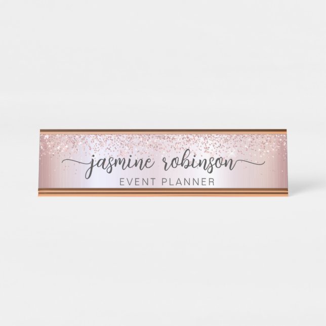 Elegant Rose Gold Glitter Professional Monogram Desk Name Plate (Front)