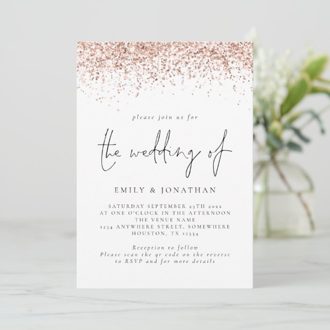Elegant Rose Gold Glitter QR Code Wedding Invitation (Standing Front)