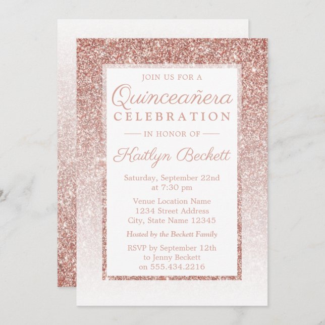 Elegant Rose Gold Glitter Quinceañera Birthday Invitation (Front/Back)