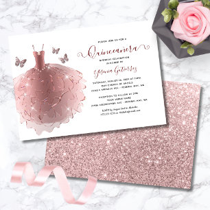 Elegant Rose Gold Glitter Quinceañera Dress Invitation