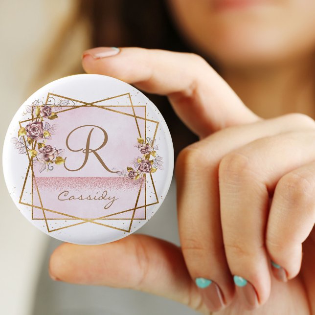 Elegant Rose Gold Glitter Rose Monogram  3 Cm Round Badge (Creator Uploaded)
