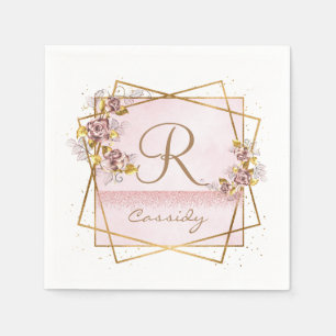 Elegant Rose Gold Glitter Rose Monogram  Napkin