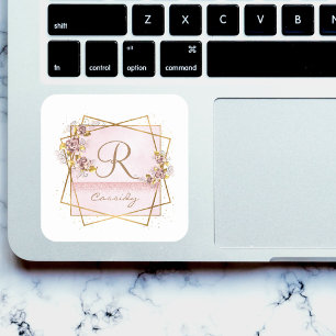Elegant Rose Gold Glitter Rose Monogram Square Sticker