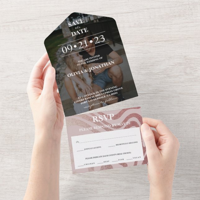 Elegant Rose Gold Glitter Save the Date Photo RSVP All In One Invitation (Tearaway)