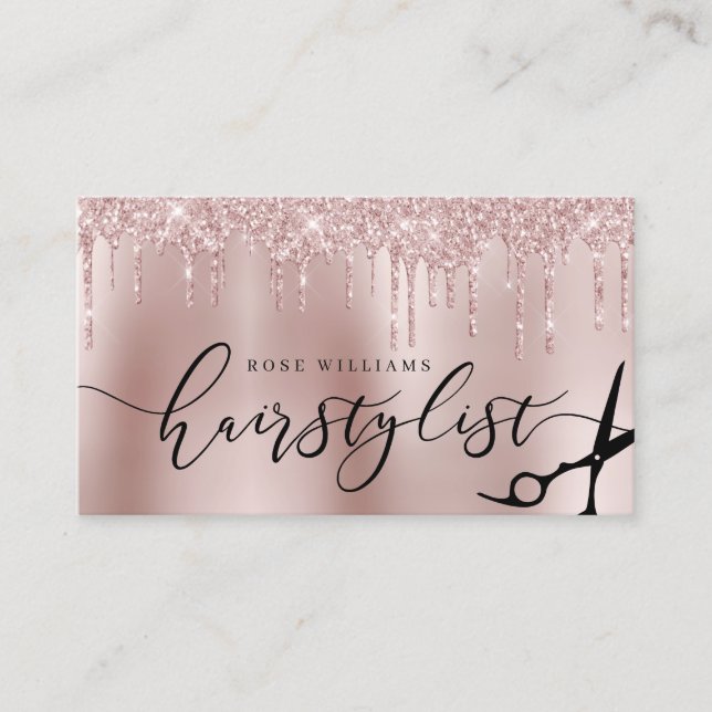 Elegant rose gold glitter scissors hairstylist squ business card (Front)