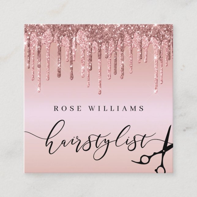 Elegant rose gold glitter scissors hairstylist square business card (Front)