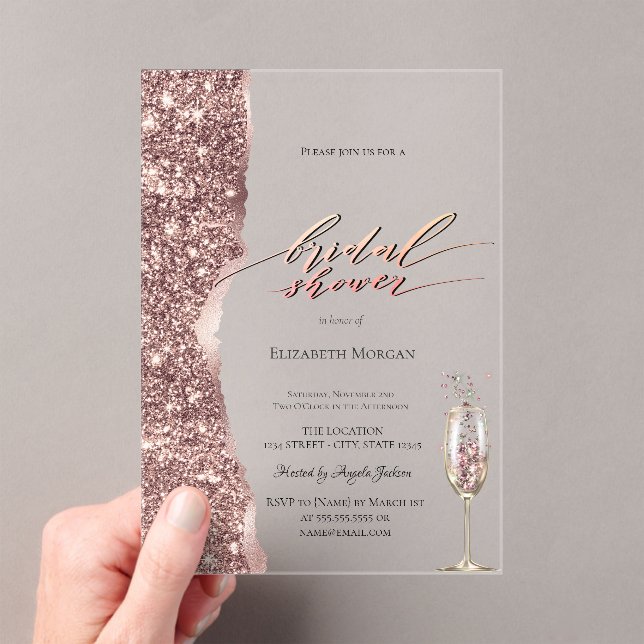 Elegant Rose Gold Glitter Script Champagne Acrylic Invitations (Insitu (Handheld))