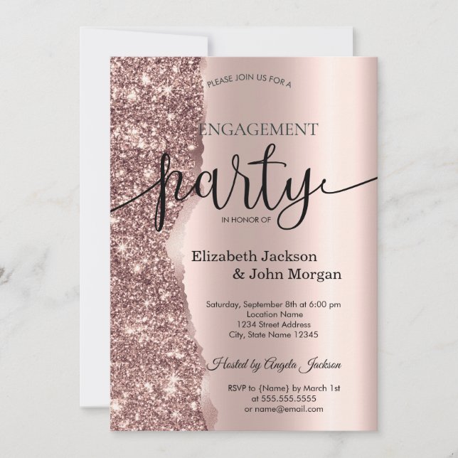 Elegant Rose Gold Glitter Script Engagement  Invitation (Front)