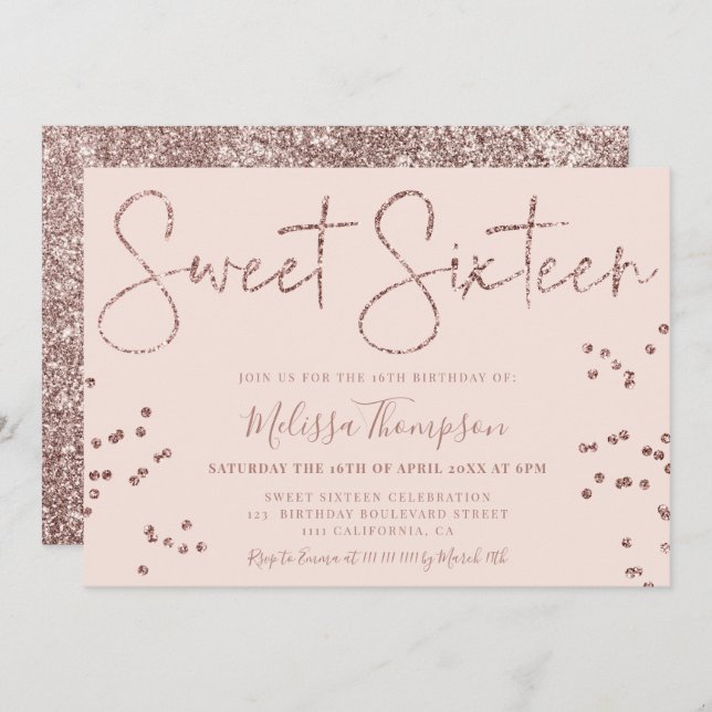 Elegant rose gold glitter script pink Sweet 16 Invitation (Front/Back)