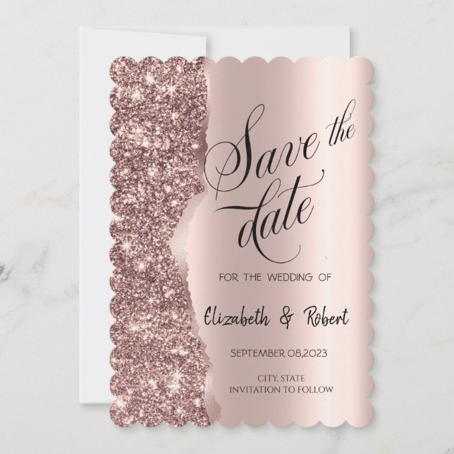 Elegant Rose Gold Glitter Script Save The Date (Front)
