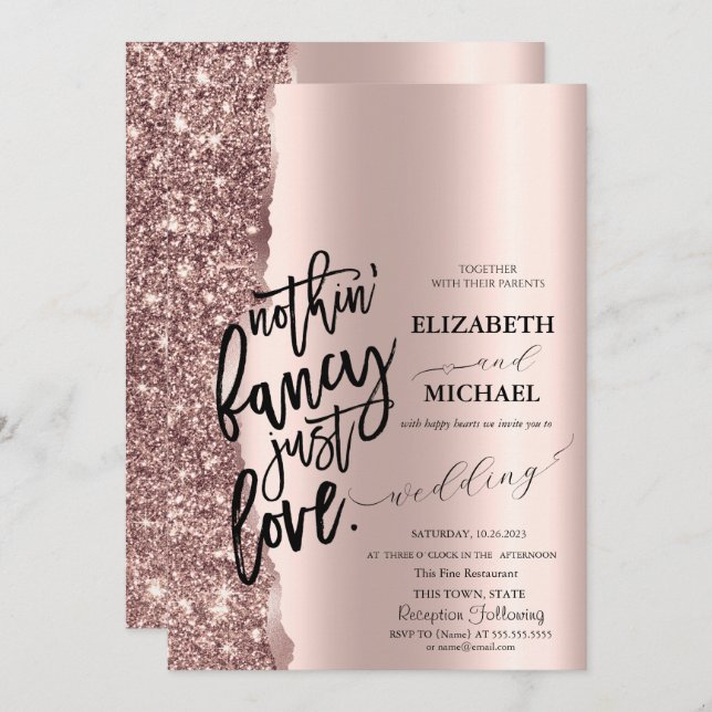 Elegant Rose Gold Glitter Script Wedding Invitation (Front/Back)
