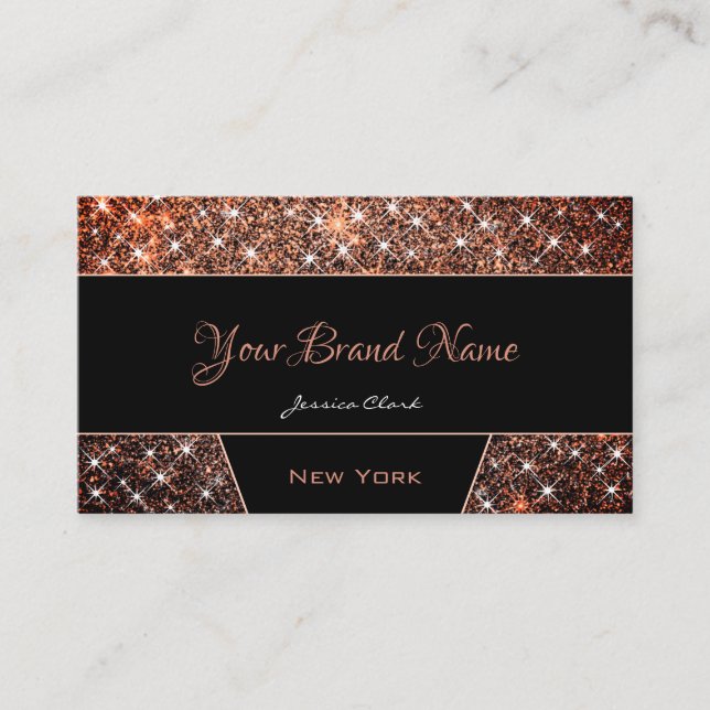 Elegant Rose Gold Glitter Sparkle Black with Photo Business Card (Front)